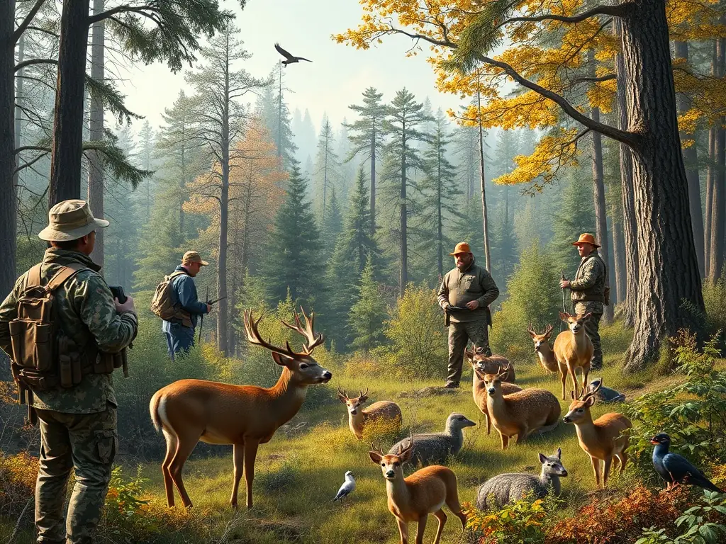 An image depicting a lush natural habitat with wildlife, hunters practicing ethical hunting, and conservation activities in progress.