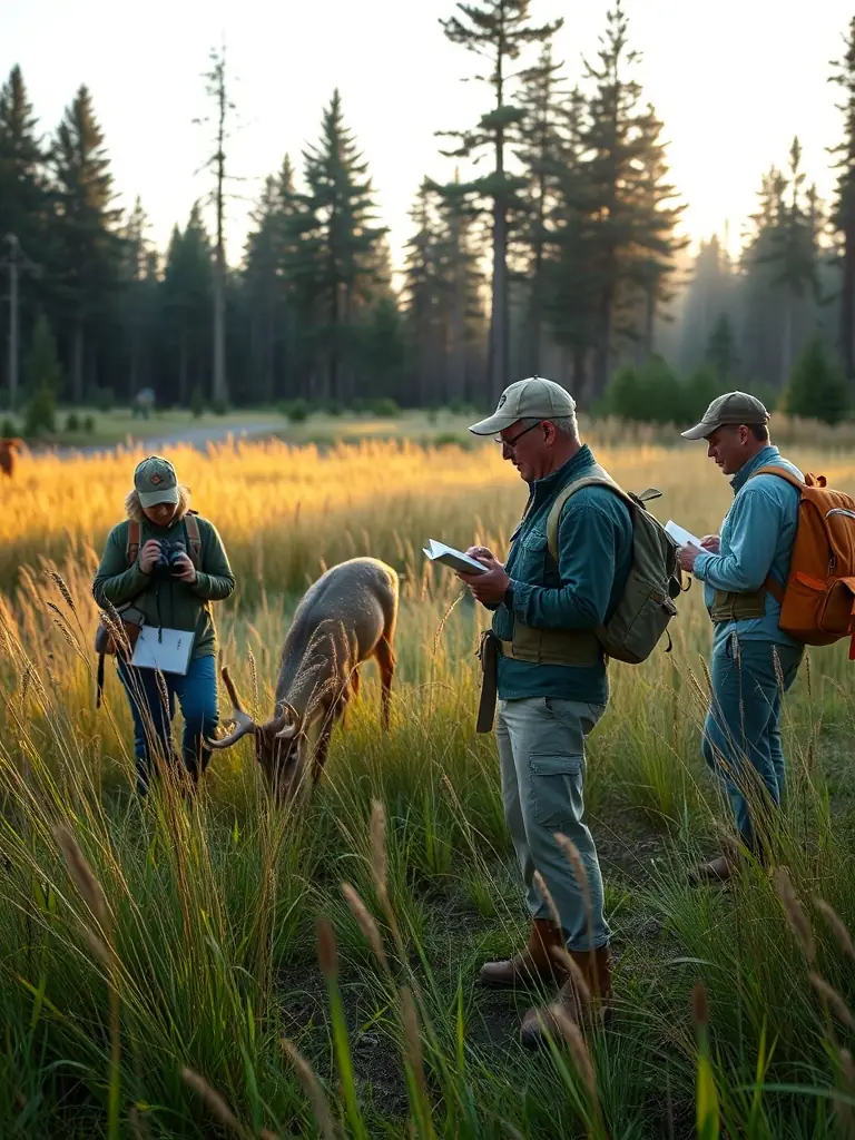 A photograph depicting members of ASSOCIATION COMMUNALE DE CHASSE AGREEE DE ST-CHAMANT participating in a wildlife census, counting deer in a forest clearing at dawn.