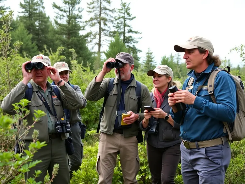 A photograph of a diverse group of members participating in a wildlife population survey, using modern equipment and techniques. The setting is a protected natural reserve managed by ASSOCIATION COMMUNALE DE CHASSE AGREEE DE ST-CHAMANT.