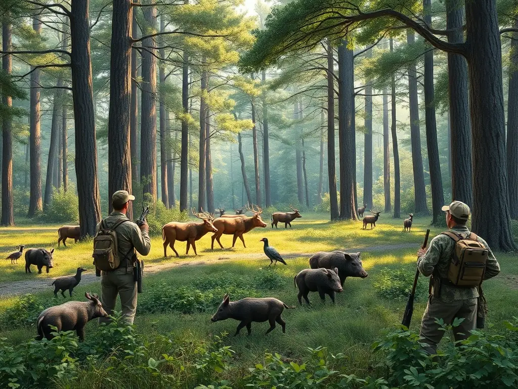 A scenic view of a well-managed hunting area, showcasing diverse wildlife and healthy forest. Ethical hunters are present, demonstrating responsible hunting practices under the supervision of ASSOCIATION COMMUNALE DE CHASSE AGREEE DE ST-CHAMANT.