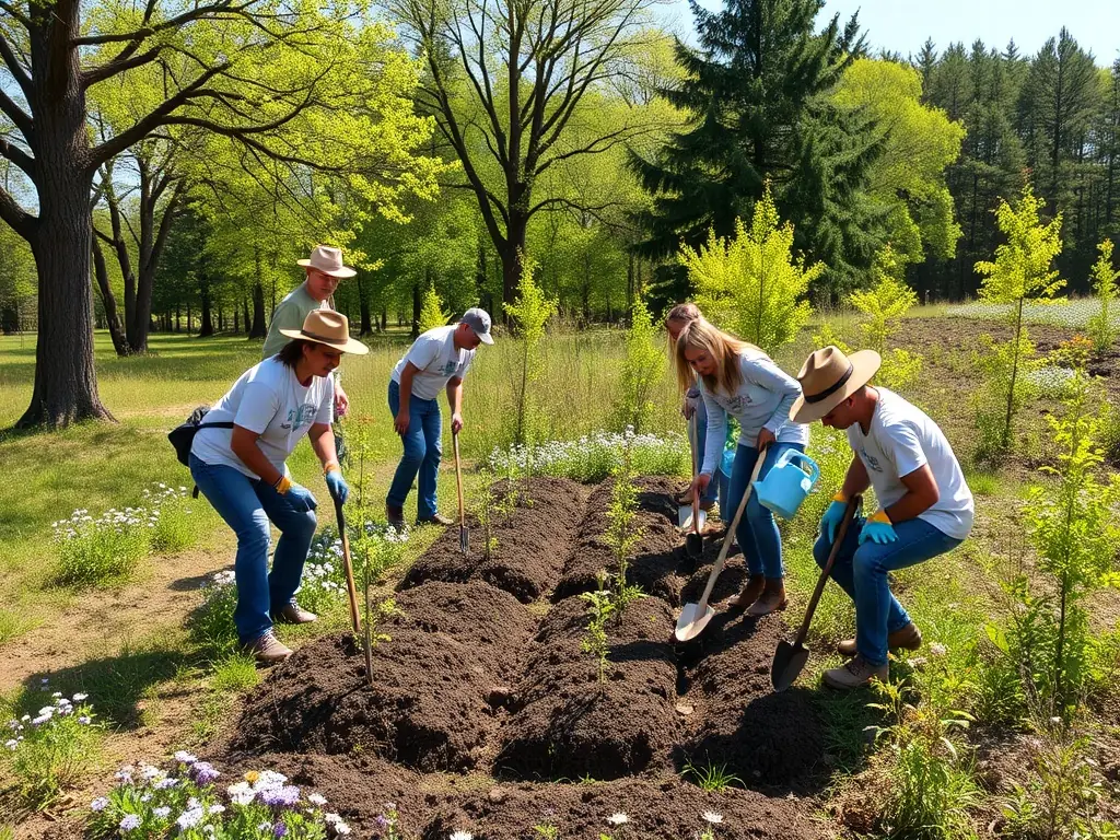 An image of members of ASSOCIATION COMMUNALE DE CHASSE AGREEE DE ST-CHAMANT engaged in a habitat restoration project, planting native trees and shrubs. The background shows a thriving, biodiverse ecosystem.