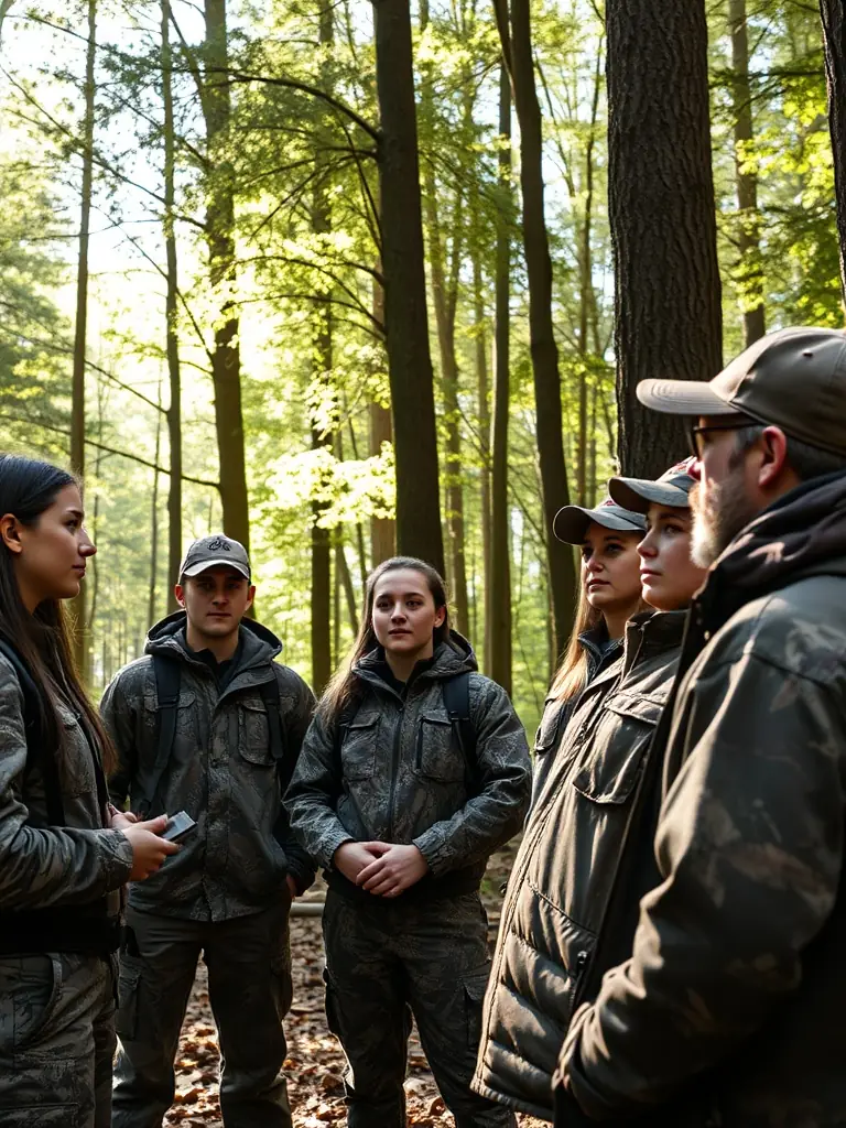 A photograph of a group of young hunters learning about ethical hunting practices from experienced members of the association in a forest setting.
