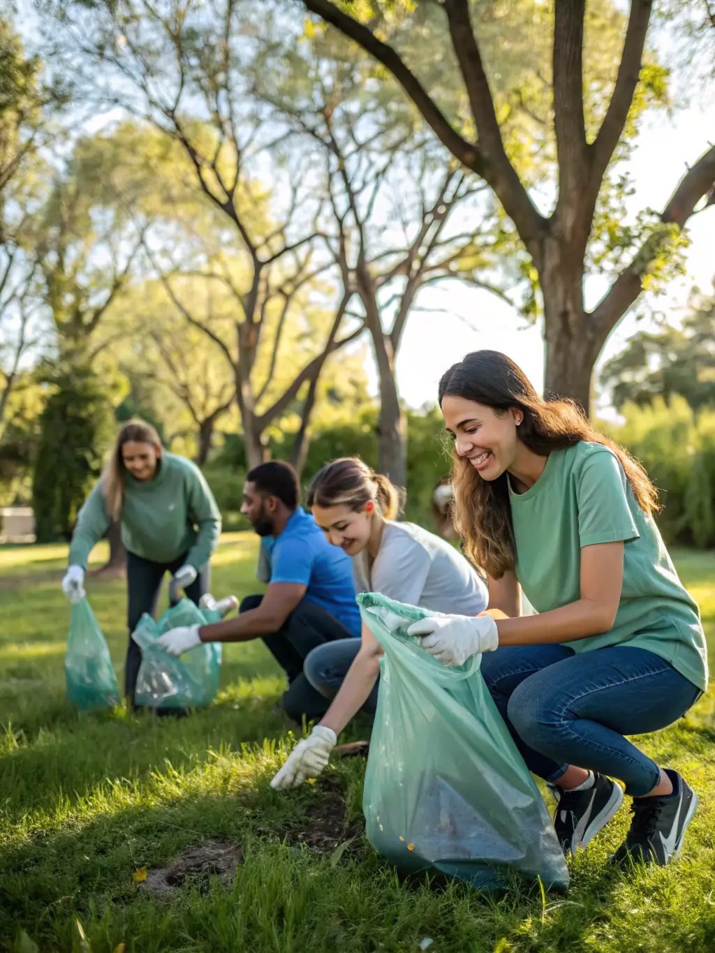 A photograph showcasing association members cleaning up a local forest area, removing litter and debris to improve wildlife habitat.