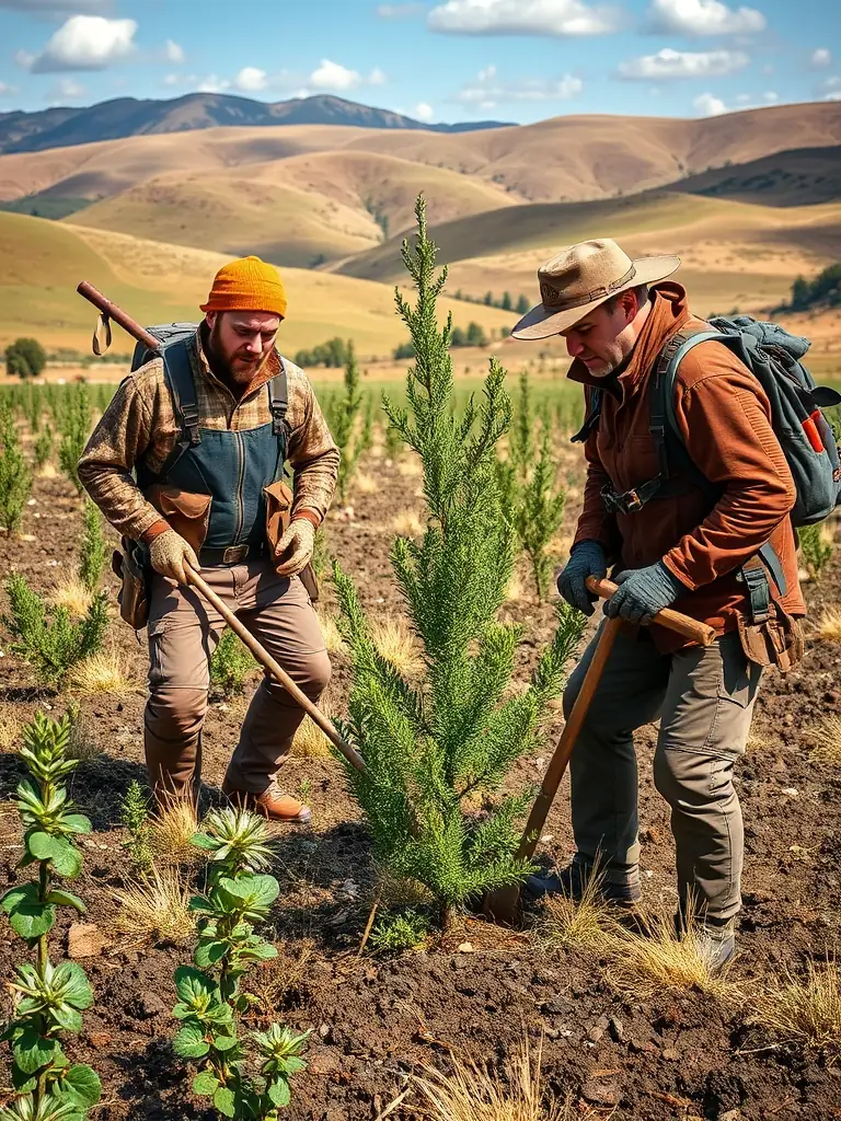 A photograph showcasing a group of hunters participating in a wildlife conservation project, planting trees in a deforested area, emphasizing the association's commitment to environmental responsibility.