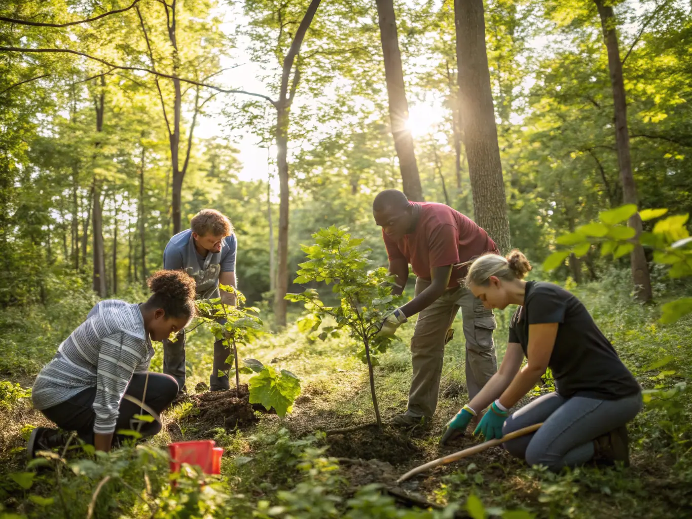 A photograph showing community members participating in a habitat restoration project, planting trees and clearing invasive species.